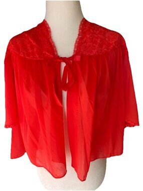 Vintage 1960s Nylon Bed Jacket Lingerie Lace Ribbon Sheer Red